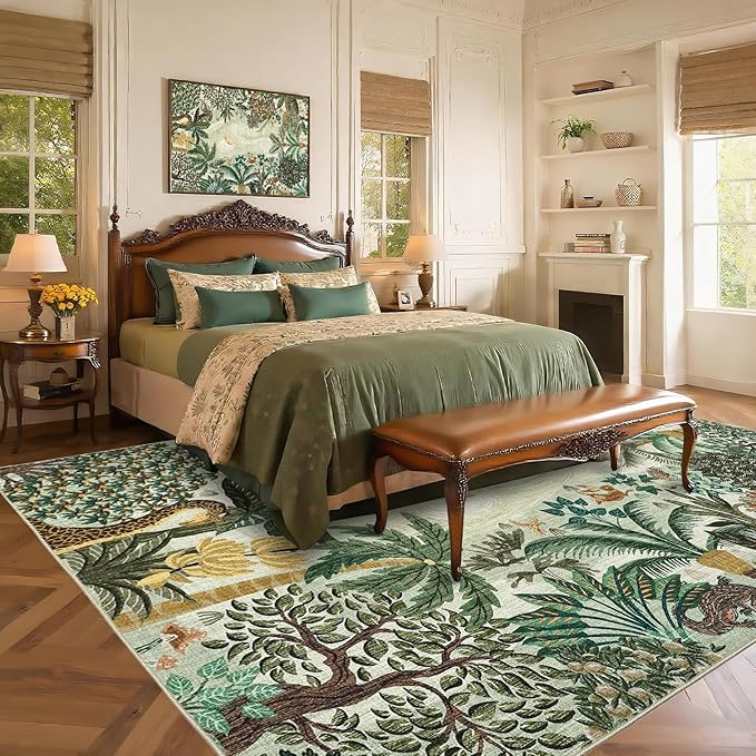 GarveeHome Large Area Rugs 9x12 for Living Room, Jungle Animal Washable Rug Soft Non Slip Backing Floor Mat Carpet Indoor Thin Green Accent Rug for Bedroom Dining Room Playroom Nursery Home Decor