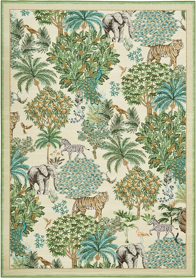 GarveeHome Jungle Animal Print Rug 5x7 Washable Area Rugs for Living Room, Forest Rug Non Slip Low Pile Stain Resistance Large Throw Carpet for Bedroom Dining Room Kids Playroom Nursery, Beige