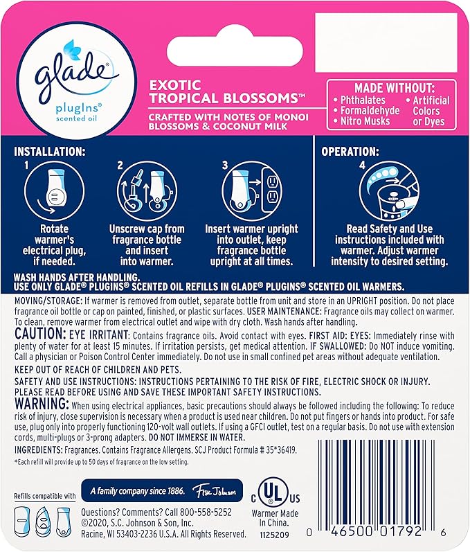 Glade PlugIns Refills Air Freshener Starter Kit, Scented and Essential Oils for Home and Bathroom, Exotic Tropical Blossoms, 0.67 Fl Oz, 1 Warmer + 1 Refill