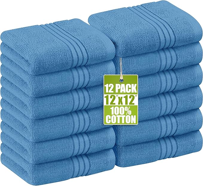 Utopia Towels Wash Cloths Set, 12 by 12 Inches, 100% Cotton Ring Spun, Highly Absorbent and Soft Feel Washcloths for Bathroom, Spa, Gym, and Face, 12 Pack Electric Blue