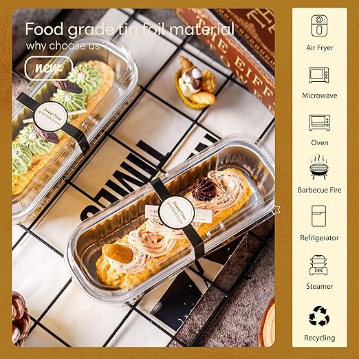 50 Pack Mini Cake Pans with Lids and Spoons Gold Rectangular Aluminum Foil Baking Pans Mini Cheesecake Containers(6.8oz)