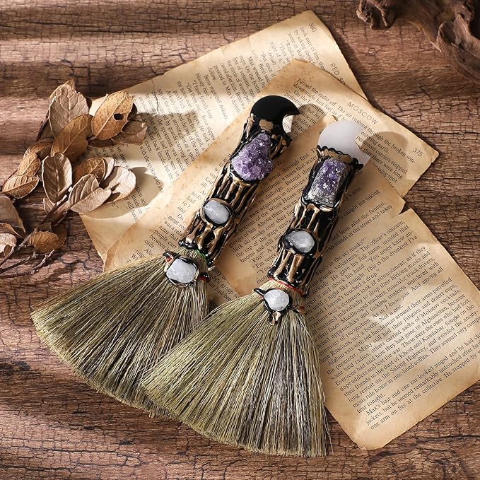 Witch Crystal Altar Broom - Witchcraft Supplies Wiccan Decor Altar Supplies with Moon Black Obsidian Natural Healing Crystals Reiki Energy Emotional Regulation Wealth Attraction Crafts