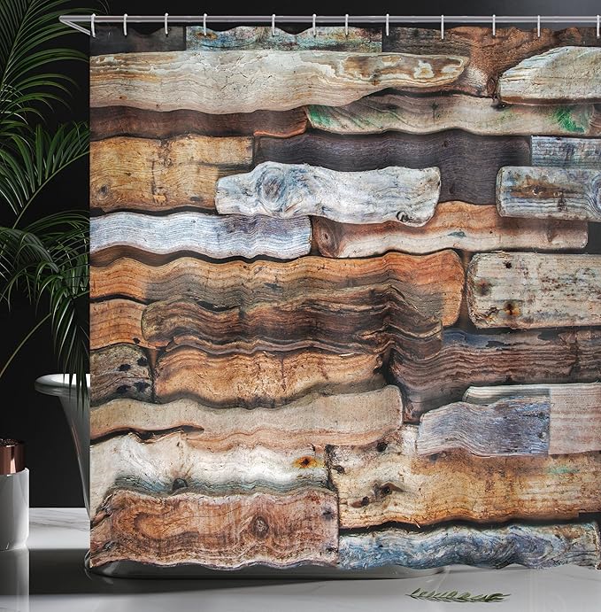 Ambesonne Driftwood Shower Curtain, Wooden Theme Driftwood and Knotty Planks in The Vintage Style Design Digital Image, Cloth Fabric Bathroom Decor Set with Hooks, 69" W x 84" L, Brown