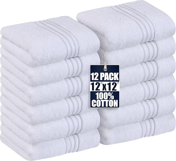Utopia Towels Wash Cloths Set, 12 by 12 Inches, 100% Cotton Ring Spun, Highly Absorbent and Soft Feel Washcloths for Bathroom, Spa, Gym, and Face, 12 Pack White