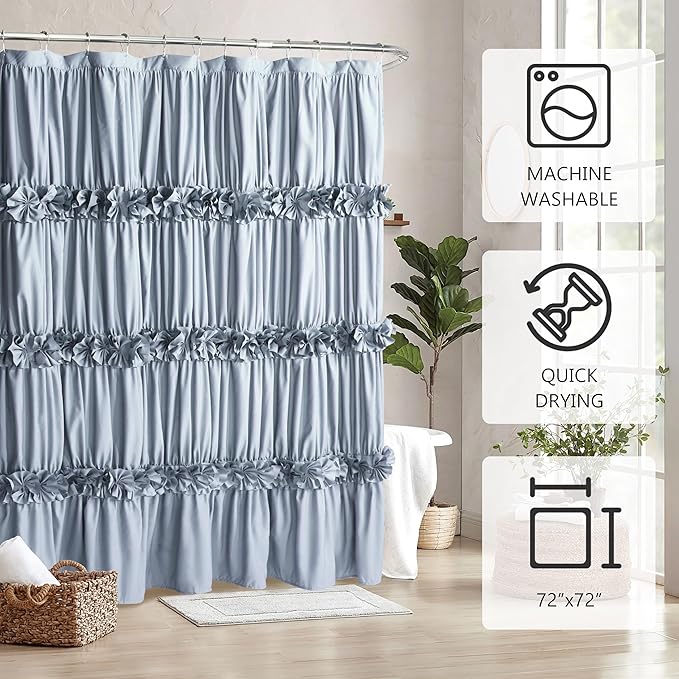 Fog Blue Ruffle Shower Curtain, Vintage Handcrafted Bow Tie Bath Curtain for Master Bathroom, Ruched Microfiber Bathroom Curtain with 12 Buttonholes, 72" W x 72" H (LQ-10)