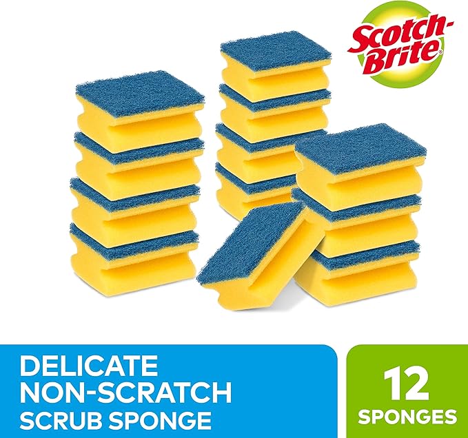 Scotch-Brite Delicate Non-Scratch Sponge Scourer, 12 Pieces - Ideal Everyday Washing up Sponge, use on Non-Stick Cookware and Glass