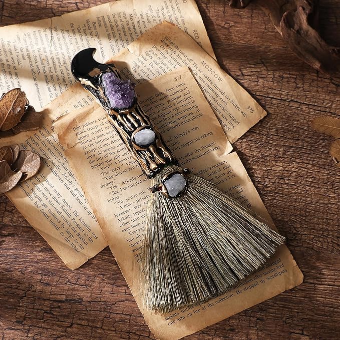 Witch Crystal Altar Broom - Witchcraft Supplies Wiccan Decor Altar Supplies with Moon Black Obsidian Natural Healing Crystals Reiki Energy Emotional Regulation Wealth Attraction Crafts