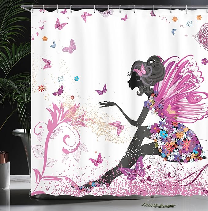 Ambesonne Fantasy Shower Curtain, Spring Girl Wings in a Floral Dress Surreal Garden Butterflies Print, Cloth Fabric Bathroom Decor Set with Hooks, 69" W x 84" L, Pastel Pink