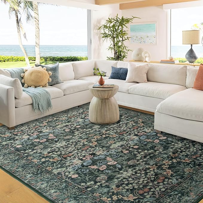 8x10 Washable Area Rug for Living Room, Large Vintage Dark Green Floral Rugs, Soft Non-Slip Stain Resistant Boho Lightweight Carpet for Bedroom Dining Room Nursery Home Office