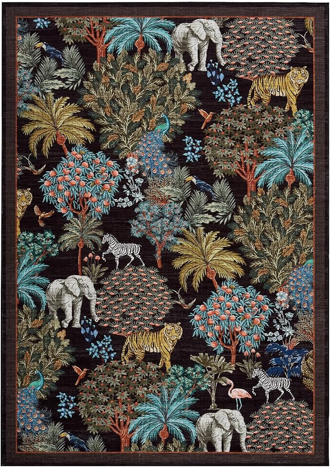 GarveeHome Jungle Washable Rug 9x12 Area Rugs for Living Room Bedroom, Animal Print Rug Non Slip Low Pile Forest Stain Resistance Large Throw Carpet for Dining Room Kids Playroom Nursery, Black