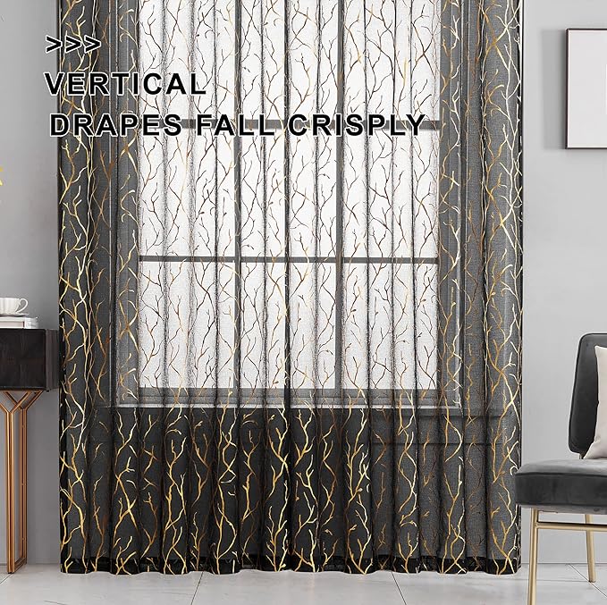 FINECITY Black Gold Sheer Curtains for Bedroom - Metallic Gold Foil Tree Branch Black Sheer Curtains 63 Inch Length Black and Gold Window Curtain Panel Set of 2, 52 x 63 Inch, Black Gold