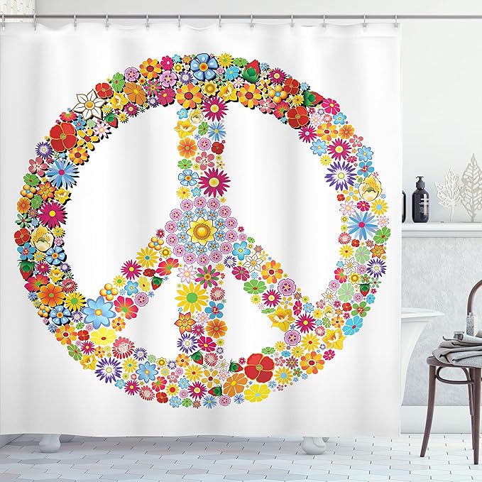 Ambesonne Groovy Shower Curtain, Floral Peace Sign Summer Spring Blooms Love Happiness Themed Illustration Print, Cloth Fabric Bathroom Decor Set with Hooks, 69" W x 75" L, White