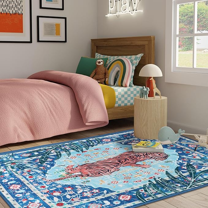 4x6 FT Leopard Rug for Living Room Vintage Animal Rug Aesthetic Rugs for Girls Room Nursery Bedroom Home Office Dorm Thin Bright Blue Carpe (Blue, 4X6 FT)