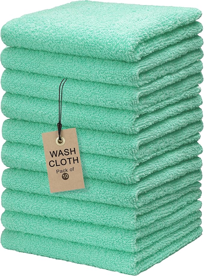 Textila Terry Wash Cloths – Pack of 10, Aqua Green, 12x12 Inches – Soft, Absorbent & Multipurpose Cotton Washcloths for Face, Hand, Bath, Kitchen, Spa, Gym & Hotel Use