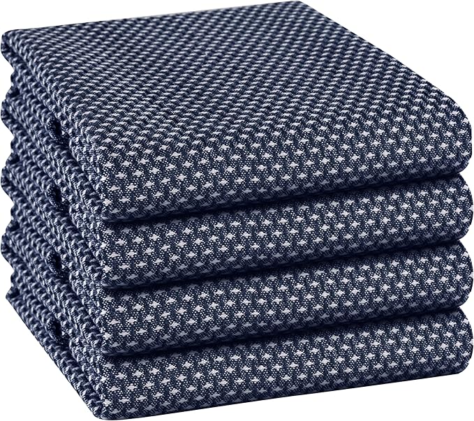 TWINY Threads 4 Pack Kitchen Towels, 100% Cotton, 18x28 Inches, Highly Absorbent & Soft, Quick-Dry Dish Towel Set with Hanging Loop, Washcloth for Cleaning, Washable for Everyday Use - Navy Blue
