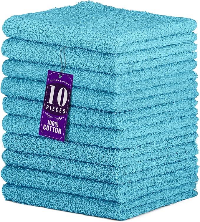 DecorRack 10 Pack 100% Cotton Wash Cloth, Soft 12 x 12 inch, Quick-Drying Towels, Vibrant Colors, Perfect for Gentle Cleaning, Turquoise (10 Pack)
