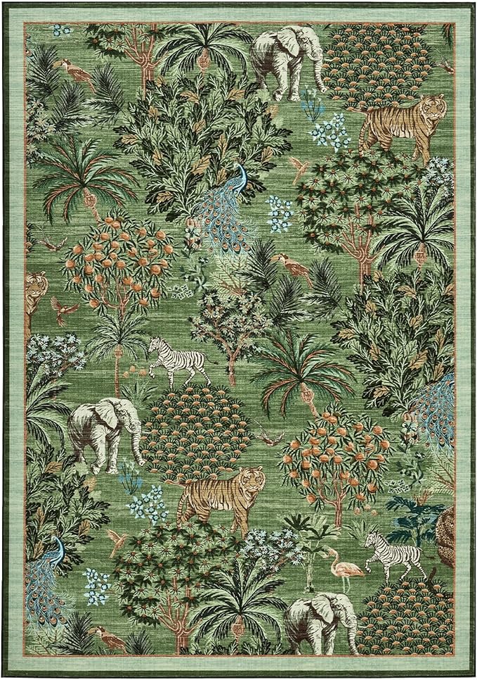 GarveeHome Jungle Animal Print Rug 6x9 Washable Area Rugs for Living Room, Forest Rug Non Slip Low Pile Stain Resistance Large Throw Carpet for Bedroom Dining Room Kids Playroom Nursery, Forest Green