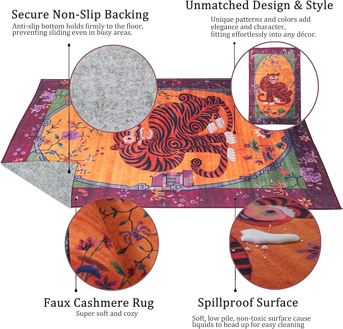 Vintage Tiger Rug Washable 10x8 ft Oriental Traditional Animal Print Purple-Green Floral Tibetan Rugs for Bedroom Kitchen Living Room Indoor Entryway Carpet Thin Rug