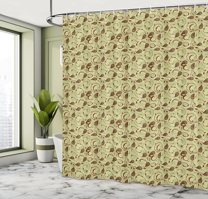 Ambesonne Paisley Shower Curtain, Modern Design of Classic Eastern Leafy Motif and Swirly Branches Art Oriental, Cloth Fabric Bathroom Decor Set with Hooks, 69" W x 75" L, Pale Green Brown