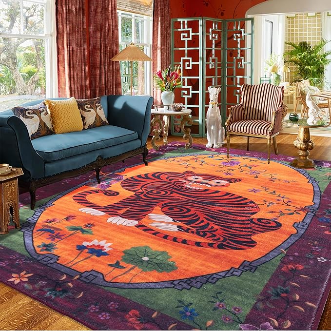 Vintage Tiger Rug Washable 6x9 Oriental Traditional Animal Print Fuchsia Floral Tibetan Rugs for Bedroom Kitchen Living Room Indoor Entryway Carpet Thin Rug