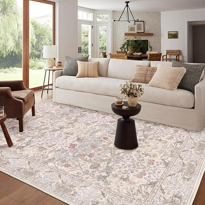 8x10 Washable Area Rug for Living Room, Large Beige Floral Rugs, Soft Non-Slip Stain Resistant Boho Lightweight Carpet for Bedroom Dining Room Nursery Home Office