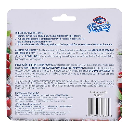 Clorox Fraganzia Small Rooms Air Freshener, Cherry Burst Scent - Peel & Place Air Freshener, No-Plug, Battery-Free for Closets, Laundry Room, Entry Way, Bathroom, Locker, 0.25 Fl Oz Each, 2 Count