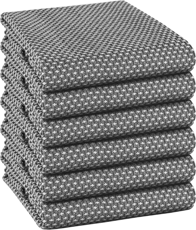 TWINY threads Dotted Weave Kitchen Towels Set of 6, 18x28 Inch, Soft & Absorbent Wash Cloths with Hanging Loop, Washable and Reusable Dishcloths for Cooking, Cleaning, Hand Towel - Grey