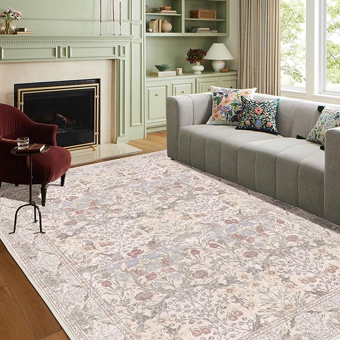 6x9 Floral Living Room Rug: Vintage Beige Washable Rug Floral Soft Carpet Indoor Floor Non-Slip Boho Stain Resistant Large Carpets for Bedroom Kids Nursery Dining Room Farmhouse Home Office