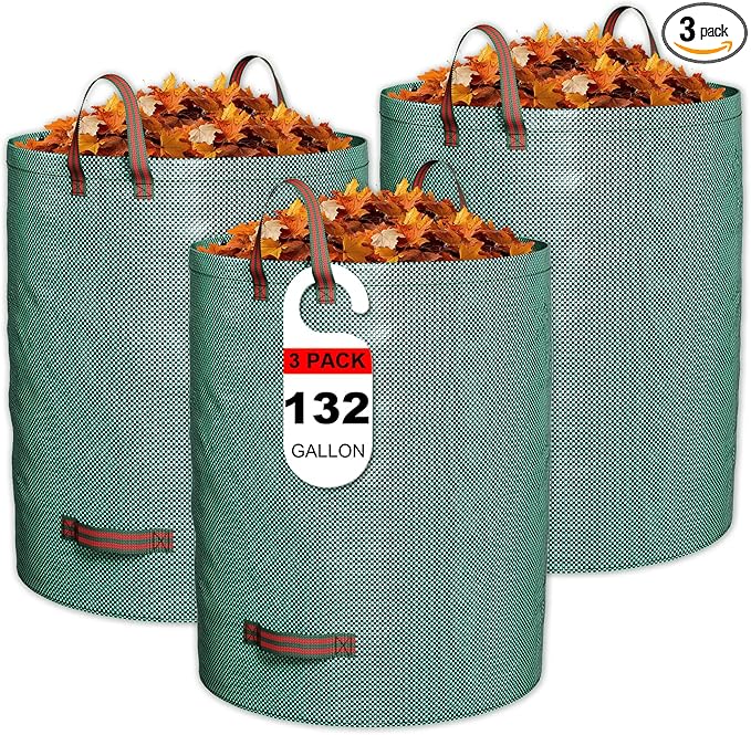 GreatBuddy 132 Gallon Reusable Yard Waste Bag, Heavy Duty, Upright Lawn Bags with 4 Reinforced Handles for Garden Leaves and Waste Collection, Lightweight (3 pack)
