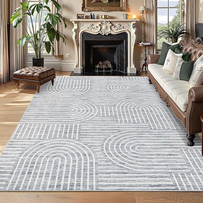 Washable Rug 5x7 Area Rugs for Living Room, Abstract Rug for Bedroom, Soft Rainbow Non Slip Throw Rugs with Rubber Back, Low Pile Stain Resistant Boho Geometric Carpet for Dining Room, Ash