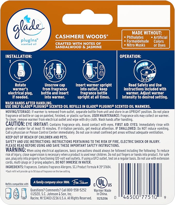Glade PlugIns Refills Air Freshener Starter Kit, Cashmere Woods, Scented and Essential Oils for Home and Bathroom, 0.67 Fl Oz, 1 Warmer + 1 Refill