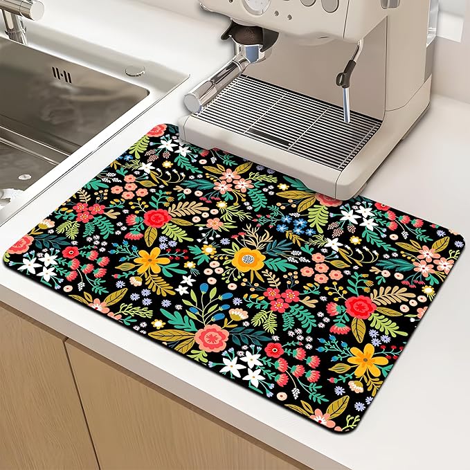 Dish Drying Mat for Multiple Usage. Super Absorbent, Easy clean, Quick dry, Cocina Accesorios for Kitchen Counter or Faucet Sink, Coffee bar, Refrigerator or Air fryer liners, 2 Pack wildflowers