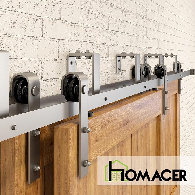 Homacer Brushed Nickel Double Track U-Shape Bypass Sliding Barn Door Hardware Kit, for Three Doors, 6.6ft Long Flat Track, Classic Design Roller