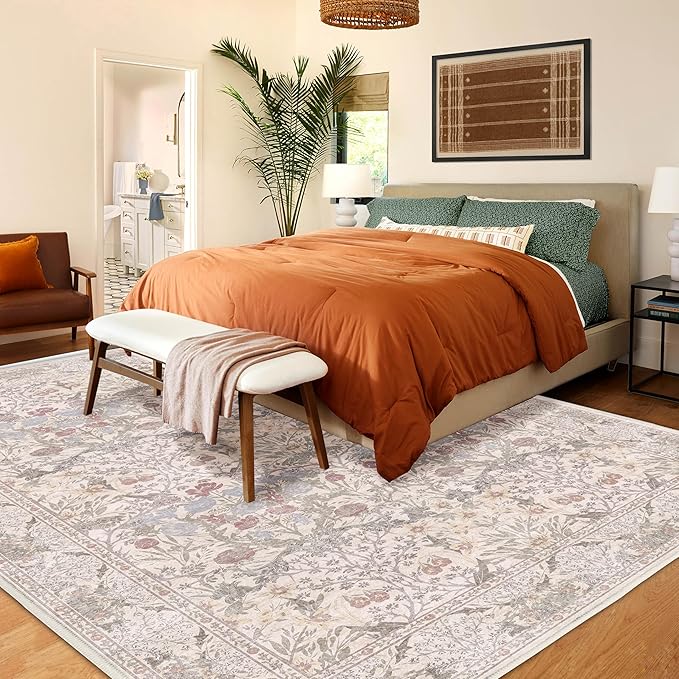6x9 Floral Living Room Rug: Vintage Beige Washable Rug Floral Soft Carpet Indoor Floor Non-Slip Boho Stain Resistant Large Carpets for Bedroom Kids Nursery Dining Room Farmhouse Home Office