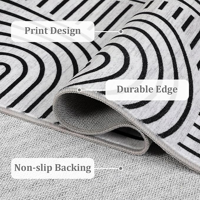 Washable Rug 8x10 Area Rugs for Living Room, Abstract Rug for Bedroom, Soft Rainbow Non Slip Rugs with Rubber Back, Low Pile Stain Resistant Boho Geometric Carpet for Dining Room, Blackwhite