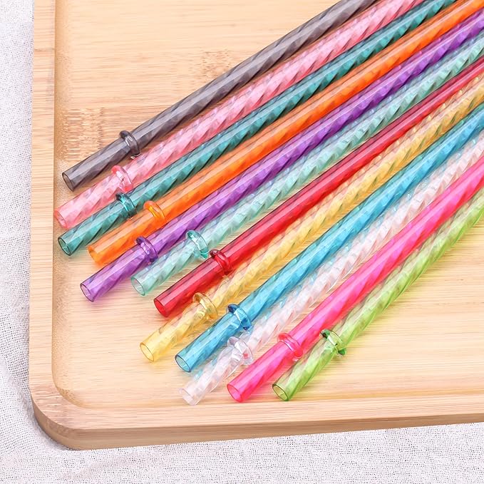 Dakoufish 9 Inch Reusable Clear Plastic Swirl Drinking Straws for 12 oz 16 oz Mason Jar,Tumblers, Set of 12 Replacement Straws with Cleaning Brush (9 inch,12color)