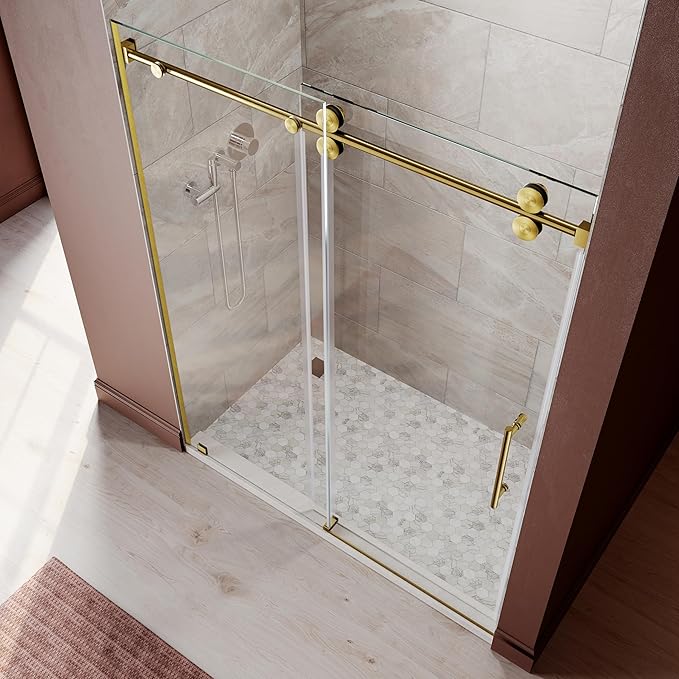 61-65 Inch x 76 Inch Sliding Frameless Shower Door, 3/8" Tempered Glass with Easy-Cleaning Coating, Stainless Steel Rollers & SGCC-Certified Stability, Satin Brass