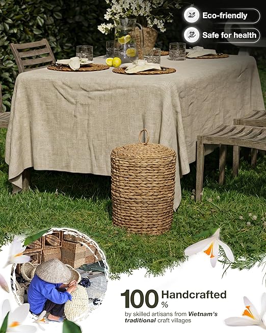 BLUEWEST 3 Gallons Wicker Trash Can with Lid,Handwoven Rattan Trash Can, Woven Decorative Wastebasket, Wicker Waste Basket with Removable Plastic Inner Bin for Bathroom, Bedroom, Office, or Kitchen