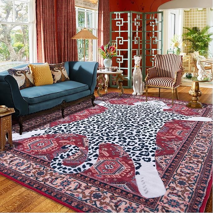 Oriental Leopard Rug 5x7 ft Washable Traditional Red Persian Rug for Bedroom Living Room, Dining Room Under Kitchen Table, Soft Non Slip Thin Rug Carpet (Red Leopard, 5X7 FT)