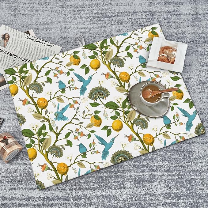 Summer Dish Drying Mat 18x24 Inch for Kitchen Counter, Blue Bird Flower Drying Mats Super Absorbent Fresh Yellow Lemon Dishes Pad for Kitchen Dining Room Seasonal Holiday Outdoor Indoor Decor