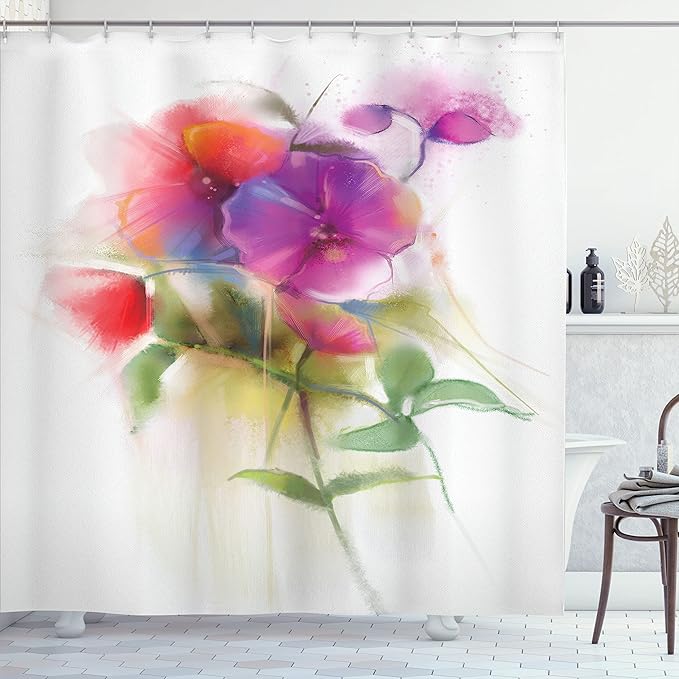 Ambesonne Flower Shower Curtain, Blooming Orchid Spring Bouquet Romance Wedding Themed Natural Beauties Fragrance, Cloth Fabric Bathroom Decor Set with Hooks, 69" W x 84" L, Off White Reseda Green