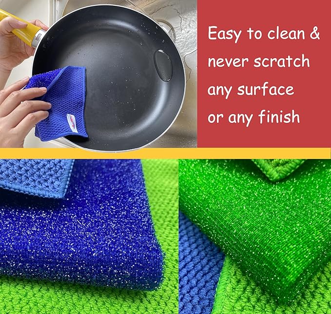 12-Pack Reusable, Scrub Dish Cloth –Non-Scratch Microfiber Scrubber, Planet-Friendly, Easy Rinsing, Quick Dry, Dishwasher Safe Cloth for Kitchen & Household, 6 x 6 Inch, Blue & Green Assorted