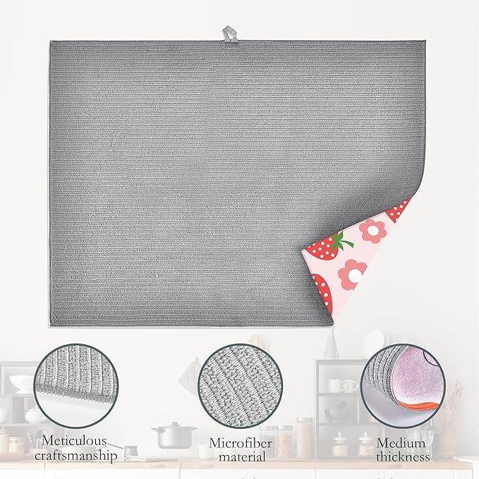 Pink Strawberry Dish Drying Rack Mat for Kitchen Counter,Cute Flowers Dish Drying Pad Absorbent Reversible Microfiber Protector for Coffee Bar Sink Countertops 18x24 Inch
