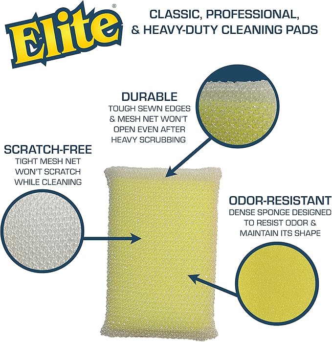 Elite HD (Heavy Duty) All Purpose Cleaning Pad, 2 Pack, Non Scratch, Dish Sponge, Scrubber, Made in USA. Large Thick Sponge for Household and Industrial Use. Sized to Grip for Heavy Scrubbing.