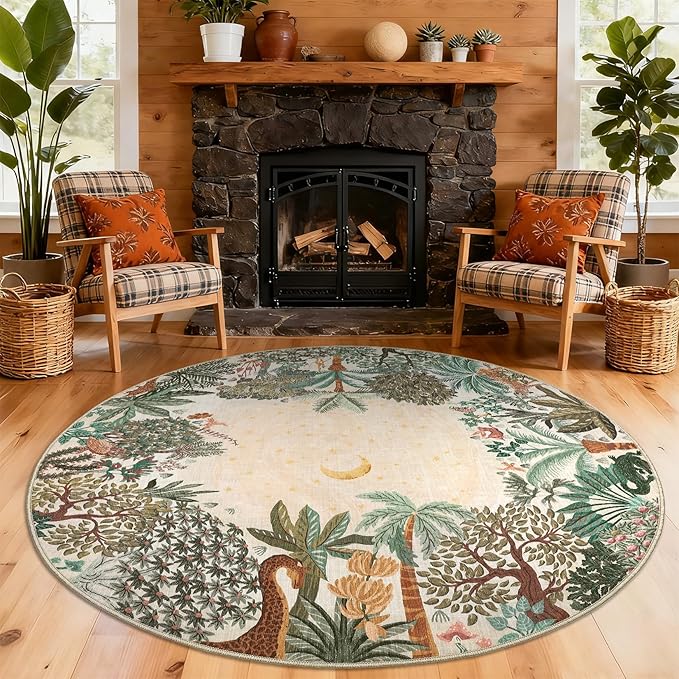 GarveeHome Round Area Rugs 6ft for Bedroom, Beige Jungle Washable Circle Rug Soft Non Slip Forest Animal Print Floor Mat Tiger Carpet Indoor Thin Rug for Living Room Dining Room Playroom Nursery