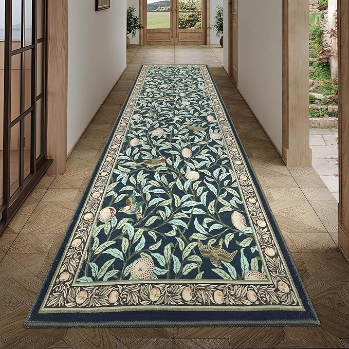 GarveeHome 2x6 Runners for Hallways Non Slip, Boho Leaf Kitchen Runner Rug Washable Rugs for Bedroom, Low Pile Soft Navy Blue Runner Botanical Bird Rug for Dorm Entryway Laundry Room Bedroom