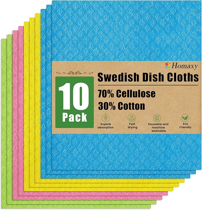 Homaxy Swedish Dishcloths for Kitchen, 10 Pack Reusable and Washable Cellulose Sponge Cloths Dish Towels, Absorbent and No Odor Paper Towels for Dishes ＆ Counters, Assorted