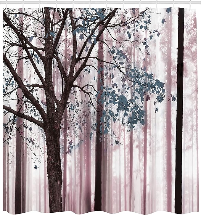 Ambesonne Autumn Shower Curtain, Rustic Fall Country Themed Tree Leaves on an Abstract Woodland Background Print, Cloth Fabric Set with 12 Hooks for Farm House Bathroom Decor, 69" W x 84" L, Grey Pink