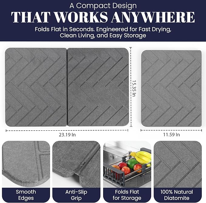 Large Folding Stone Dish Drying Mat for Kitchen Counter – Super Absorbent Diatomite Stone Drying Mat for Dishes, Cups & Bottles – Quick Dry, Space-Saving, Multi-Use Kitchen, Bath & Pet Mat – 23”×15”
