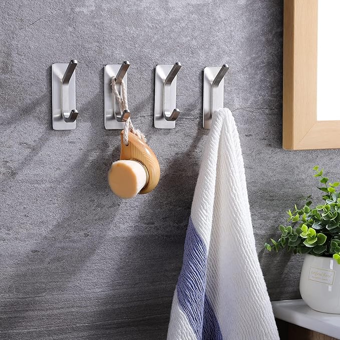 Taozun Upgraded 4-Pack Brushed Stainless Steel Adhesive Hooks - Stylish Bathroom & Coat Hooks Holder for Towels, Robes